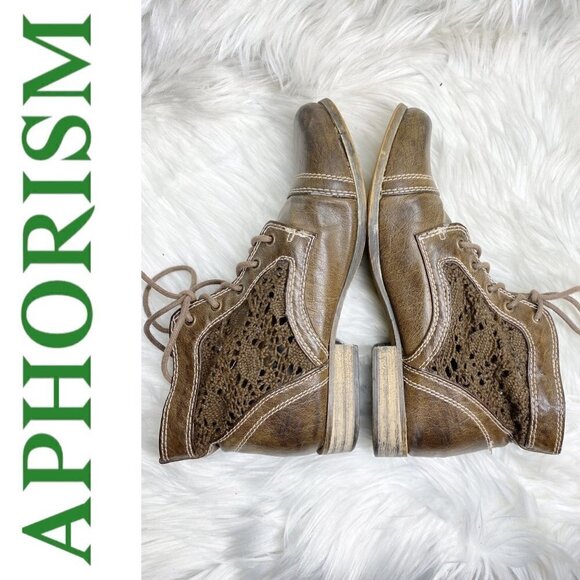 APHORISM Caramel Brown Faux Leather Lace Inset Boho Bootie, Size 6.5 - Picture 10 of 11